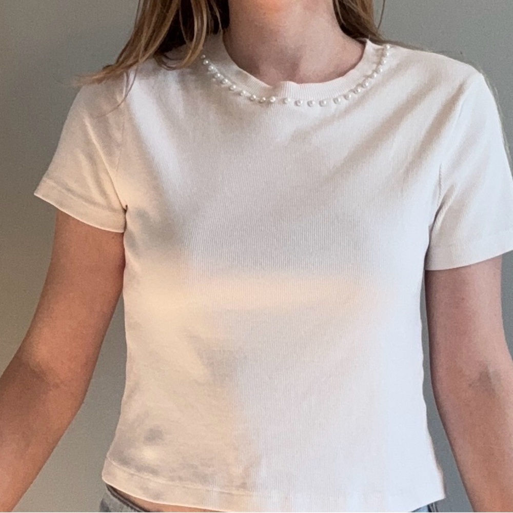 Zara pearl embellished neckline basic white ribbed tee
